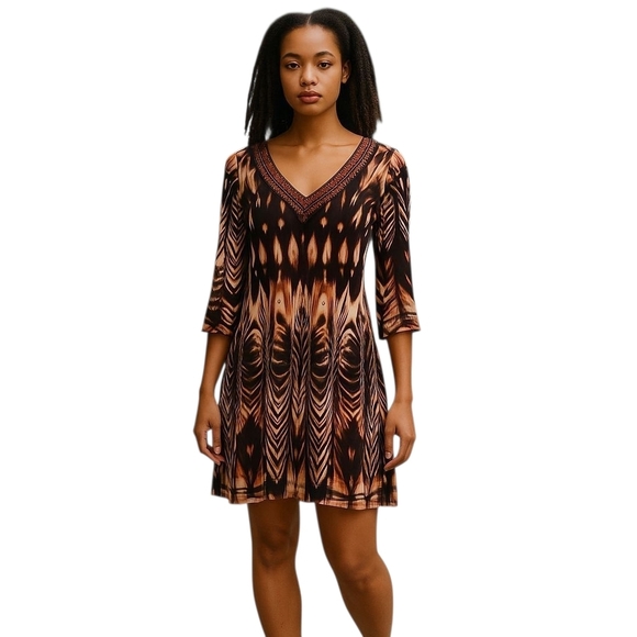 FIT N FLAIR Animal TRIBAL Dress Short STRETCHY embellished Beaded V NECKLINE Med - Picture 6 of 11